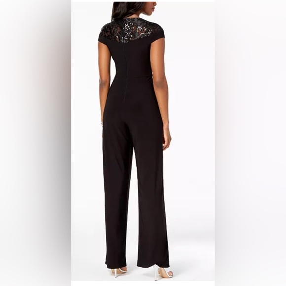 ADRIANNA PAPELL black Sequined embroidery on mesh Jersey Jumpsuit size 14 - Picture 2 of 5